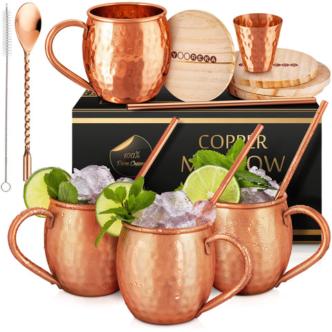 Yooreka Moscow Mule mugs 4-pack with hammered copper finish and ergonomic handles.