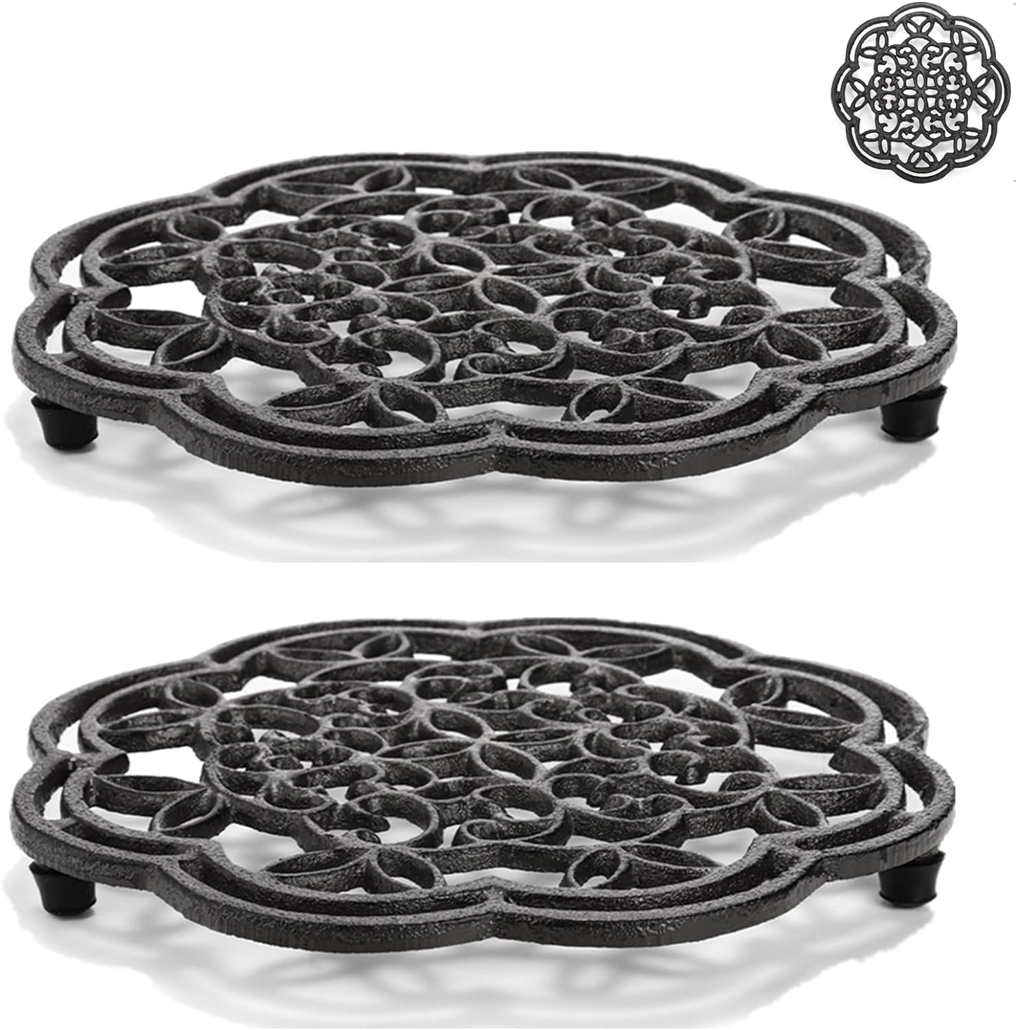 Yopay 2-pack round cast iron trivet protecting countertops from heat