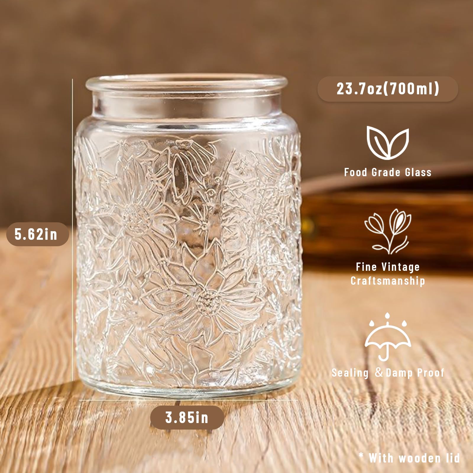 Yoqelt vintage glass jar with sunflower design for coffee, tea or spice storage.