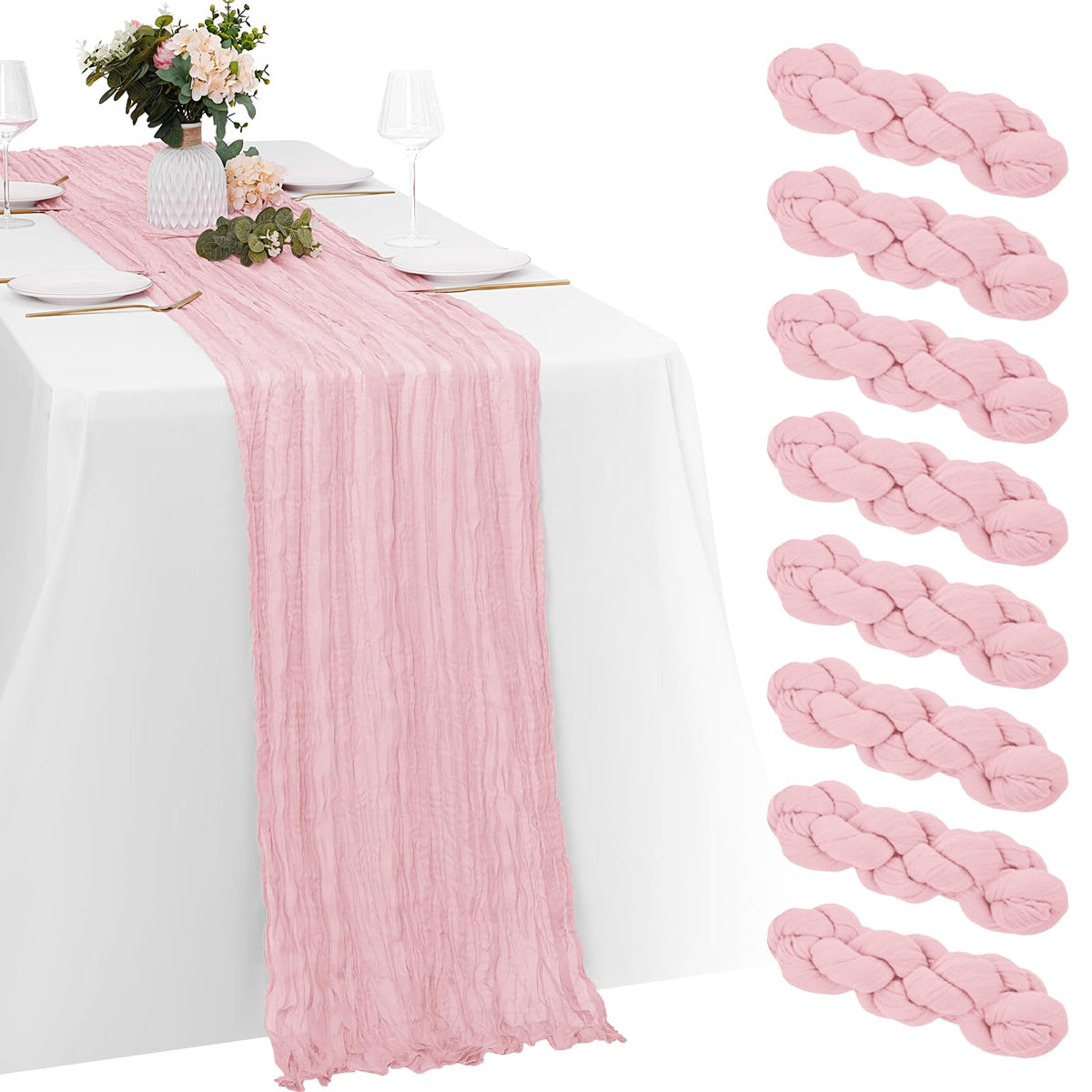 Yorcari light pink cheesecloth table runner drapes elegantly on long tables.