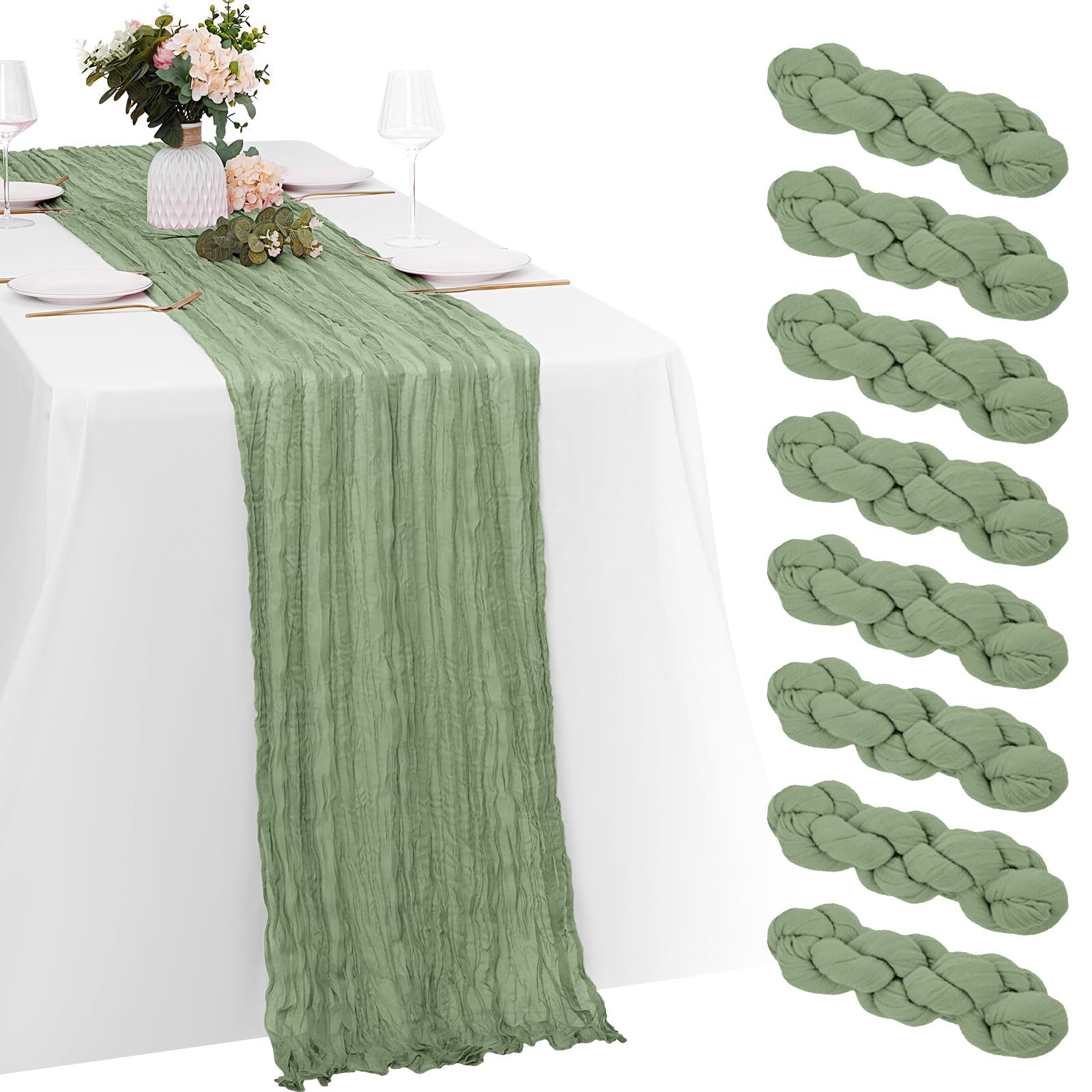 Yorcari sage green cheesecloth table runner draped for wedding decor and soft ambience