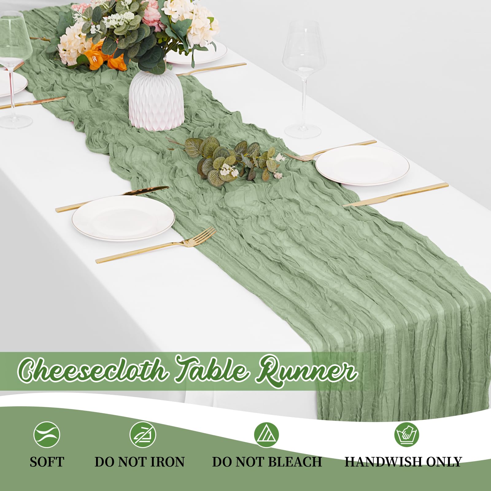 Yorcari sage green gauze runner showing easy care and foldable design