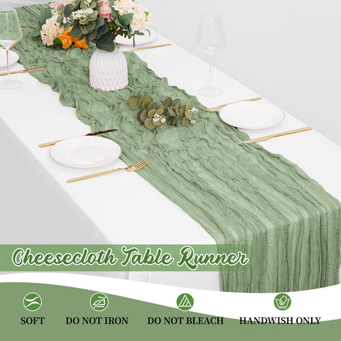 Yorcari sage green gauze runner showing easy care and foldable design