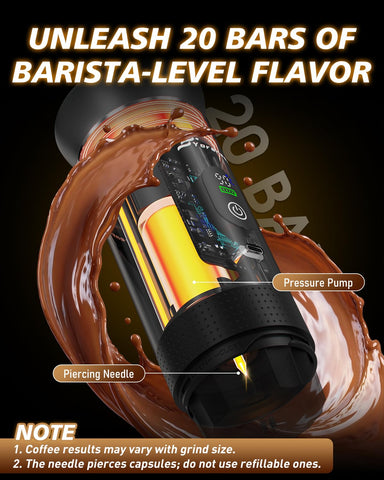 Yorenson 20-bar pump delivers crema-rich espresso on the move.