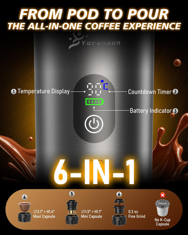 Yorenson LED display shows heat, time, and battery status during brew.