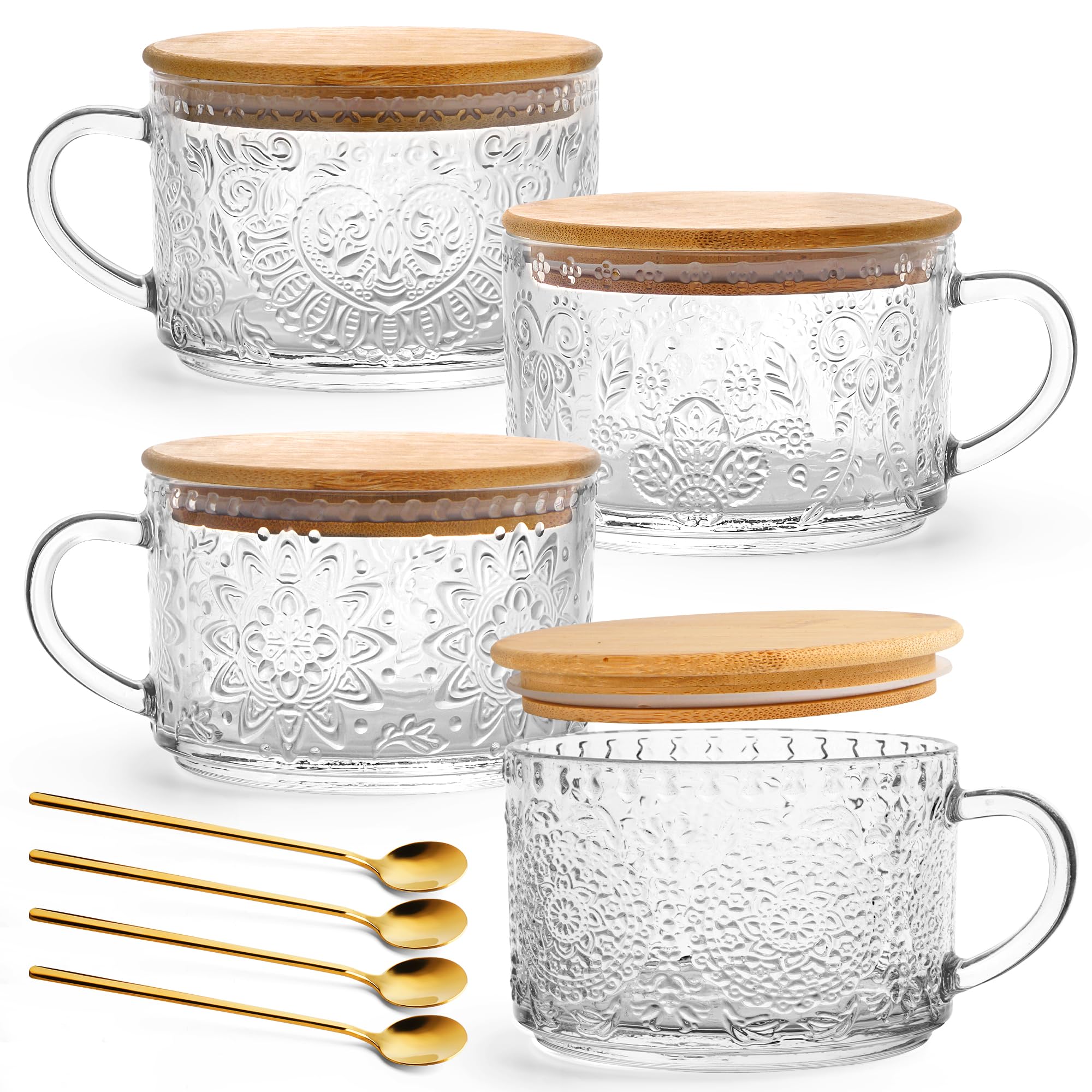 YORY vintage glass mug with bamboo lid and spoon, ideal for hot coffee mornings