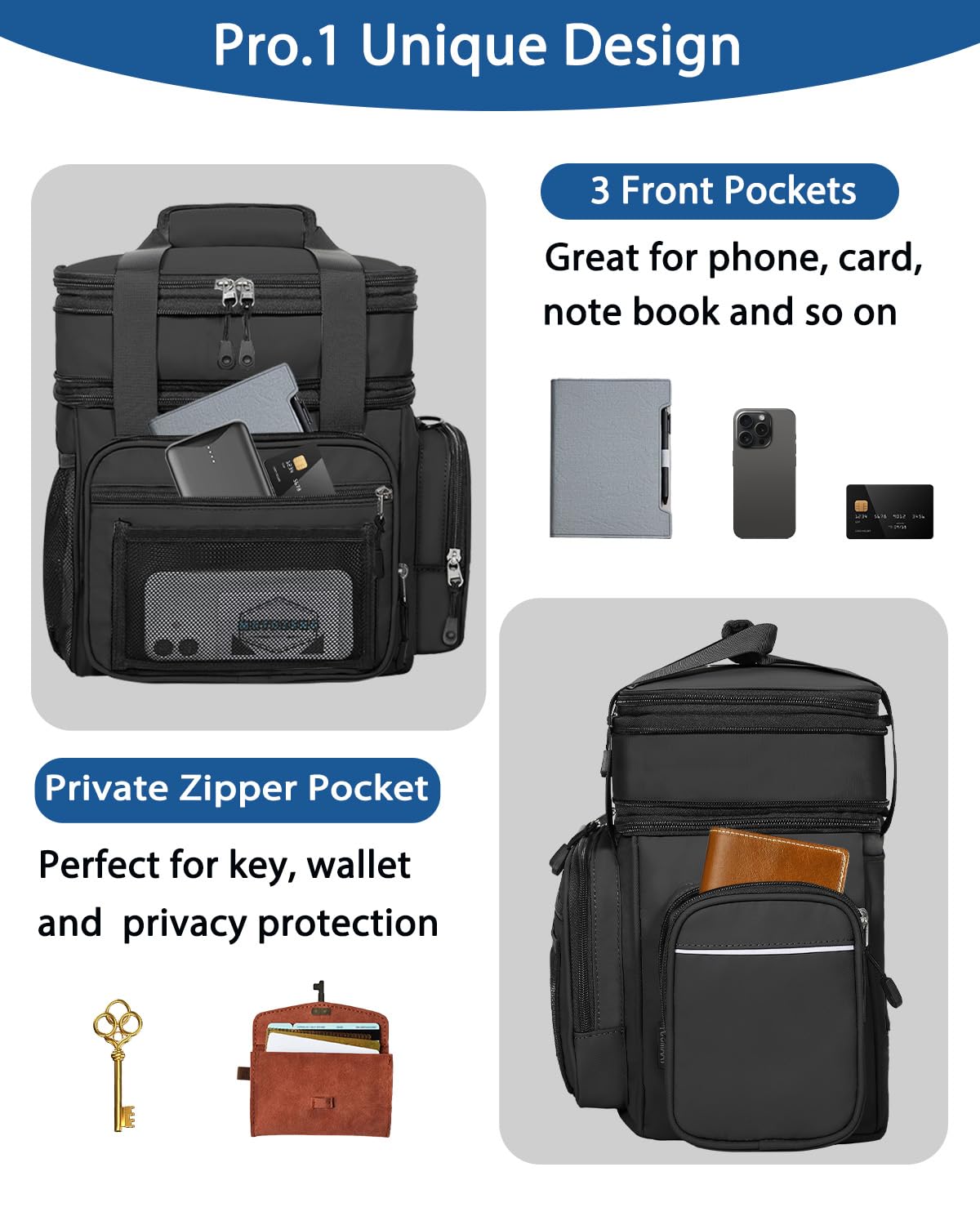 YOSMAAT lunch box cooler side pocket supports upright bottle storage during travel.