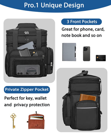 YOSMAAT lunch box cooler side pocket supports upright bottle storage during travel.