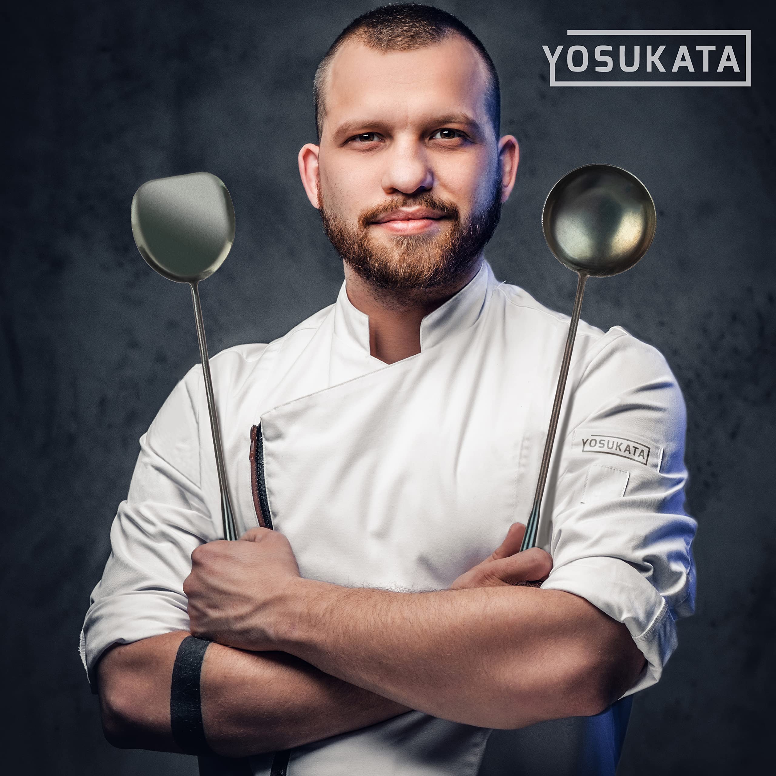 Close-up of YOSUKATA carbon steel ladle with balanced grip