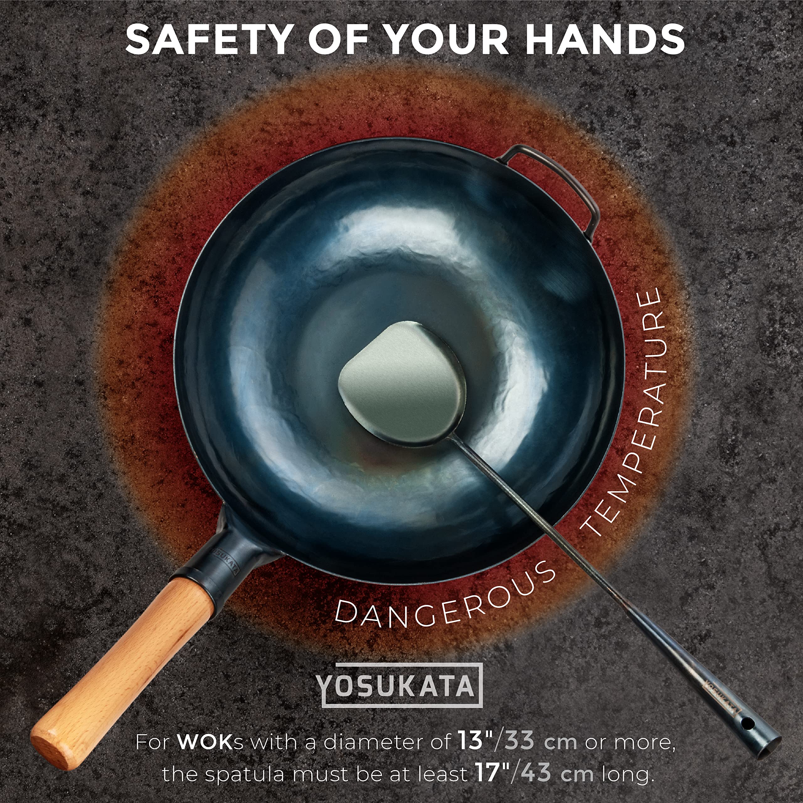 Close-up of YOSUKATA carbon steel spatula showing sturdy one-piece construction