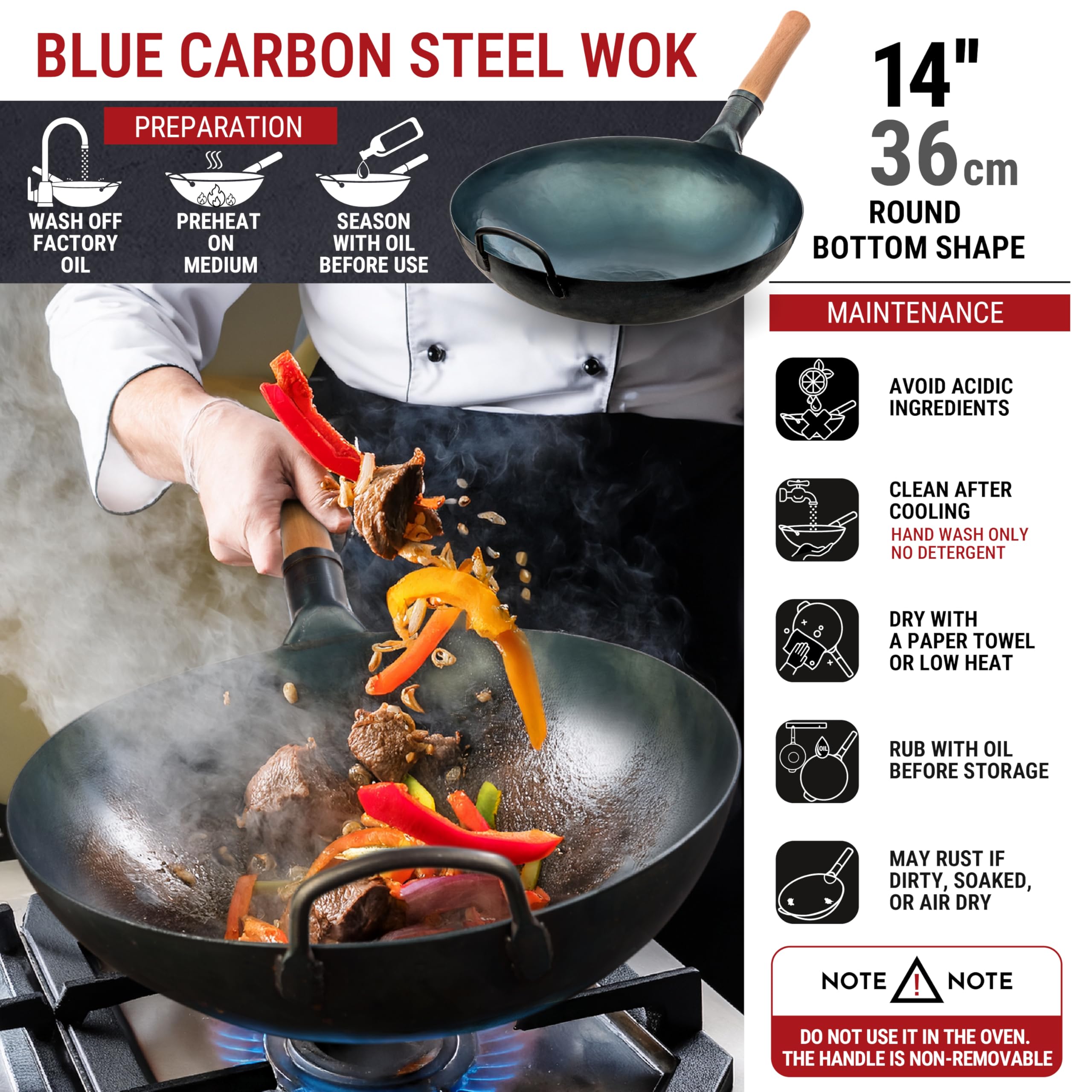 YOSUKATA carbon steel wok with ergonomic handle for safer cooking.