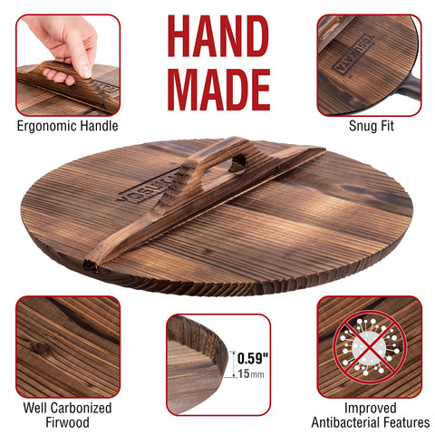 Wood lid for 13.5-inch wok with beveled edge ensuring a tight seal.