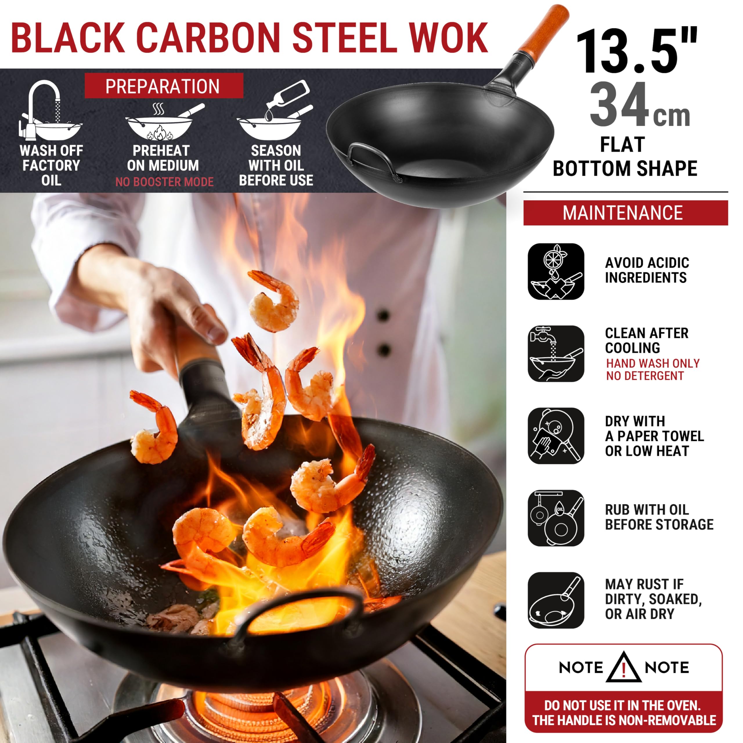 Heavy-duty carbon steel with ergonomic wooden handle for durable, comfortable cooking.