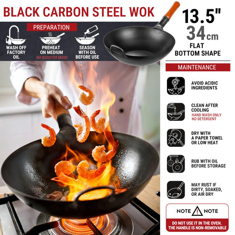 Heavy-duty carbon steel with ergonomic wooden handle for durable, comfortable cooking.