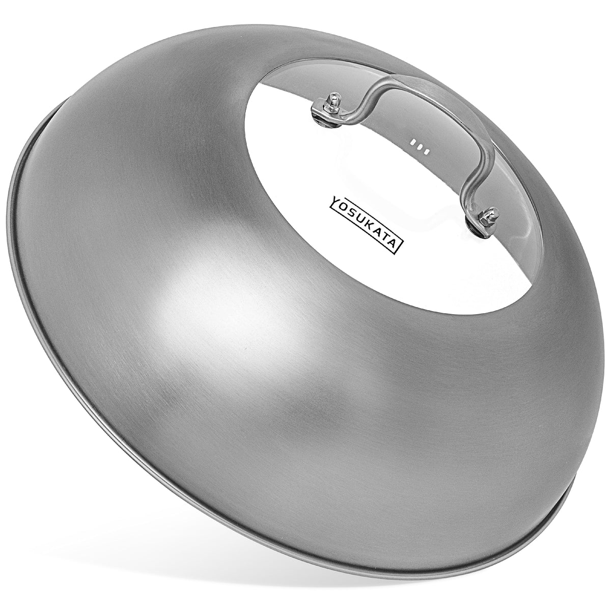YOSUKATA 12.8-inch wok lid on a wok for even heat distribution.