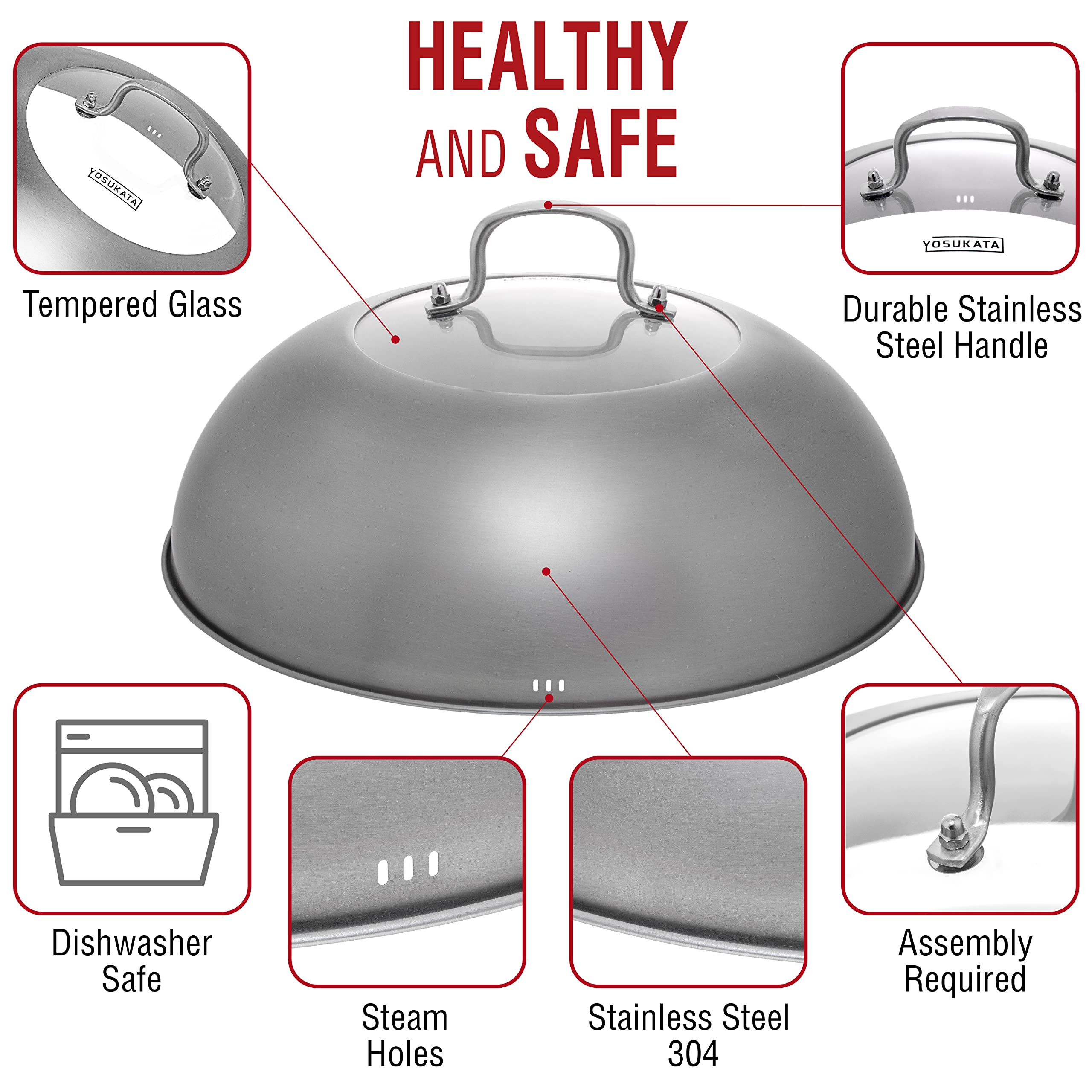 YOSUKATA wok lid with tempered glass insert for easy monitoring during cooking.