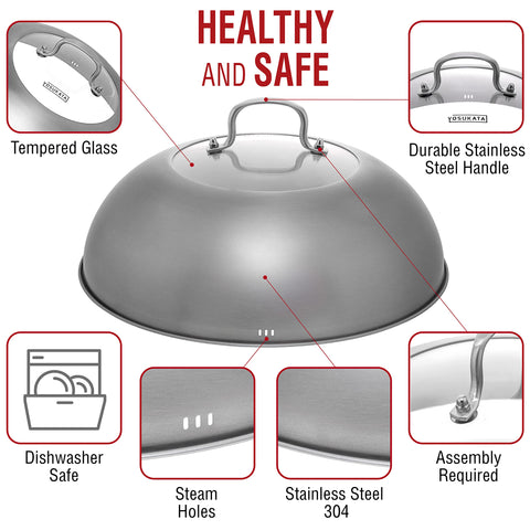 YOSUKATA wok lid with tempered glass insert for easy monitoring during cooking.