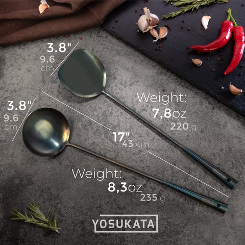 YOSUKATA 17-inch wok ladle poised to add sauces or serve