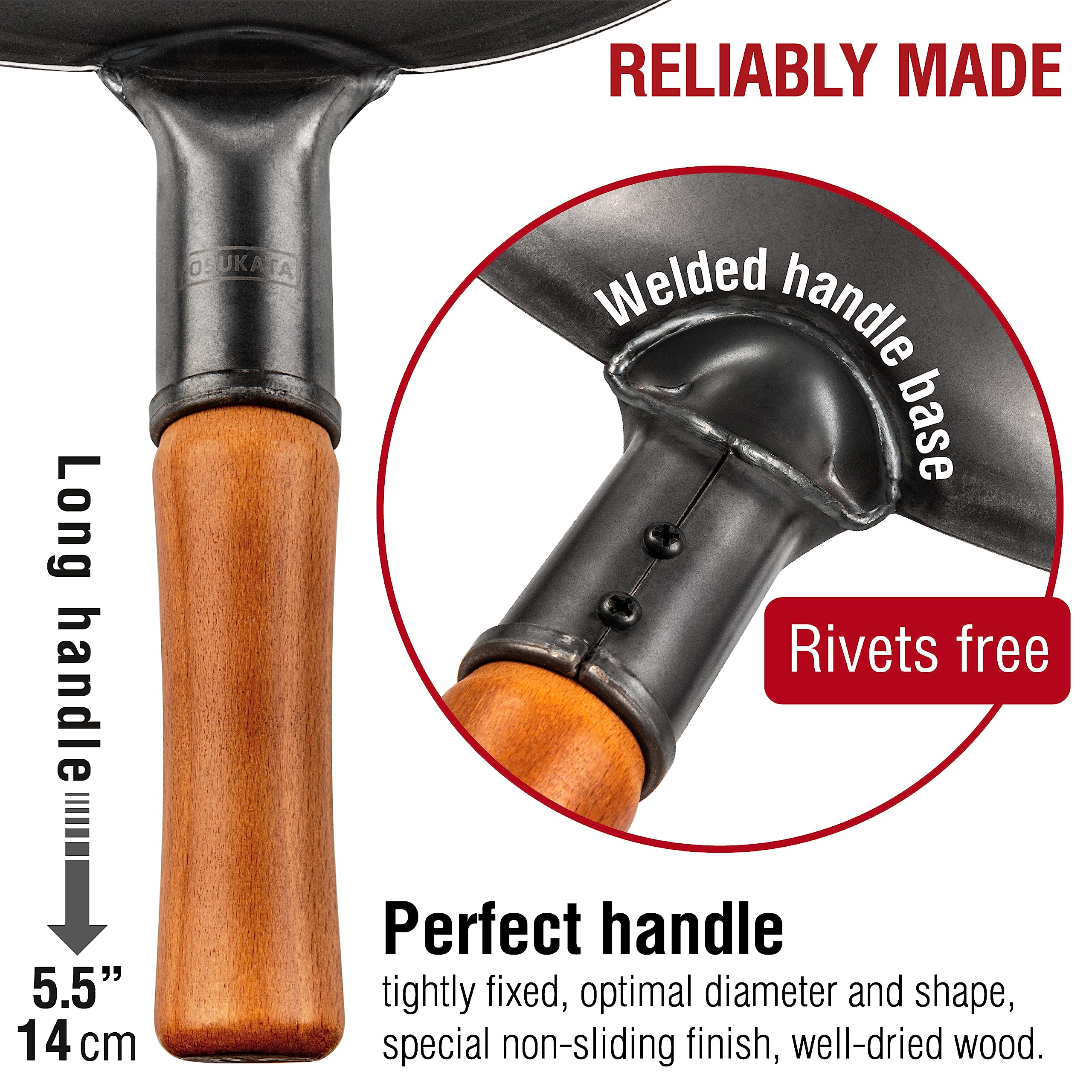 YOSUKATA wooden handle provides secure grip during cooking.