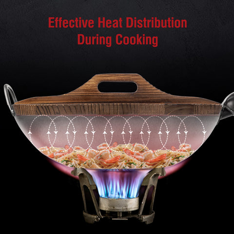 Wood lid compatible with 13.5-inch wok and 14-inch pans.