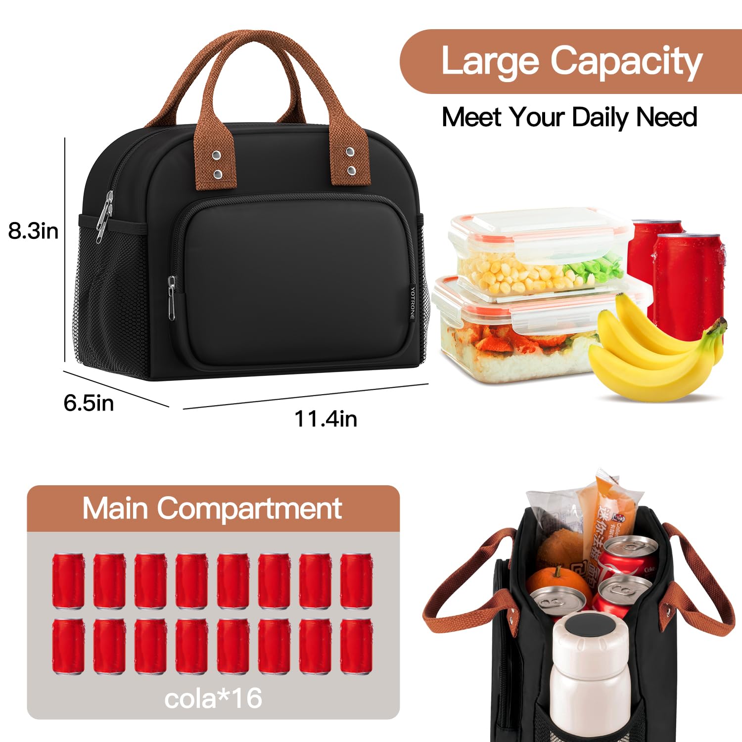Yotrone lunch bag with side mesh pocket holds drinks securely for easy hands-free carrying.