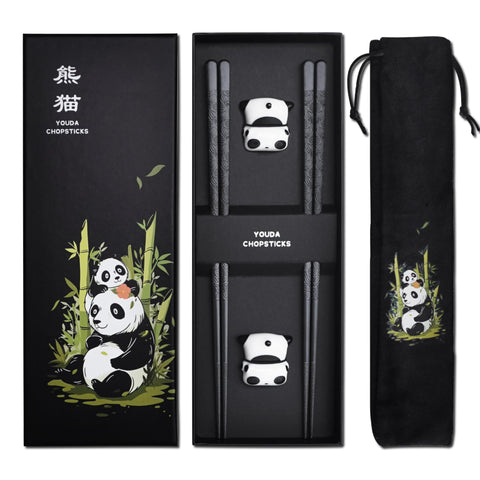 Youda Panda Chopsticks 2 pairs with leaf engraving for secure grip during meals.
