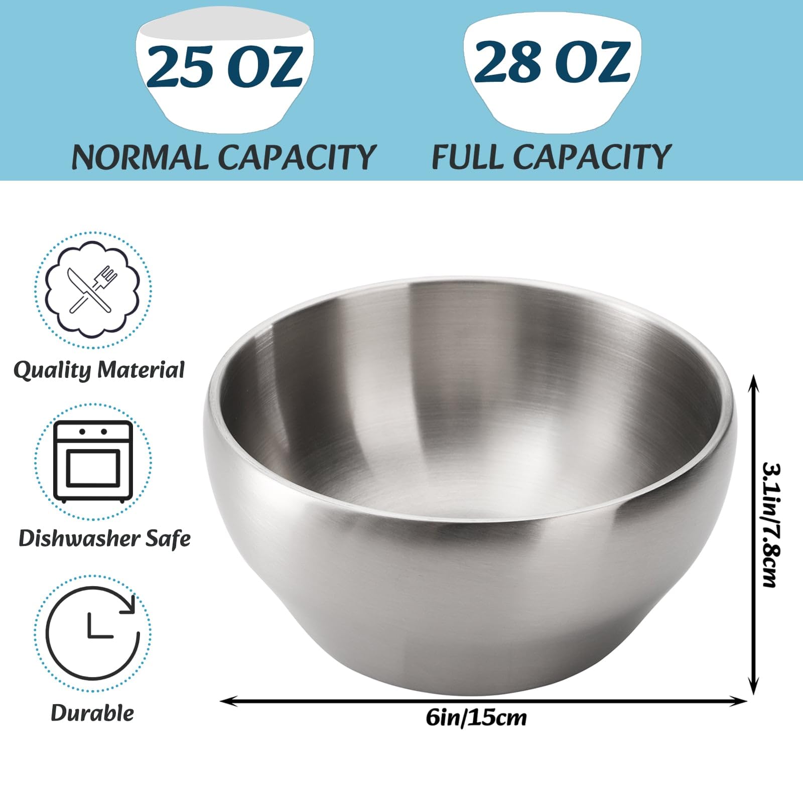 Youeon 6-inch brushed SUS304 stainless steel bowl stays cool to touch.