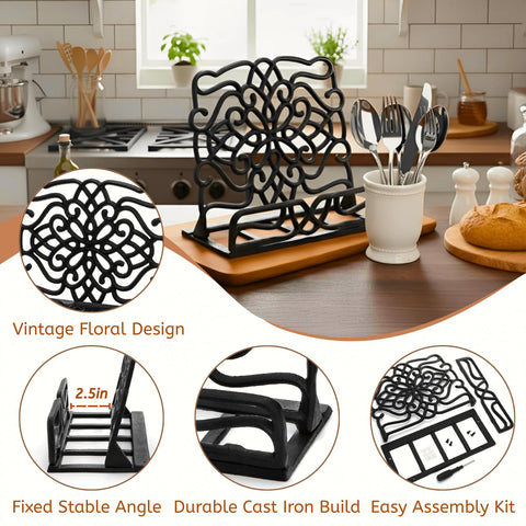 Youeon black powder-coated stand holds cookbooks securely without tipping.