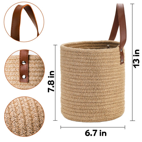 Youeon jute basket with leather handle for easy hanging and durable use.