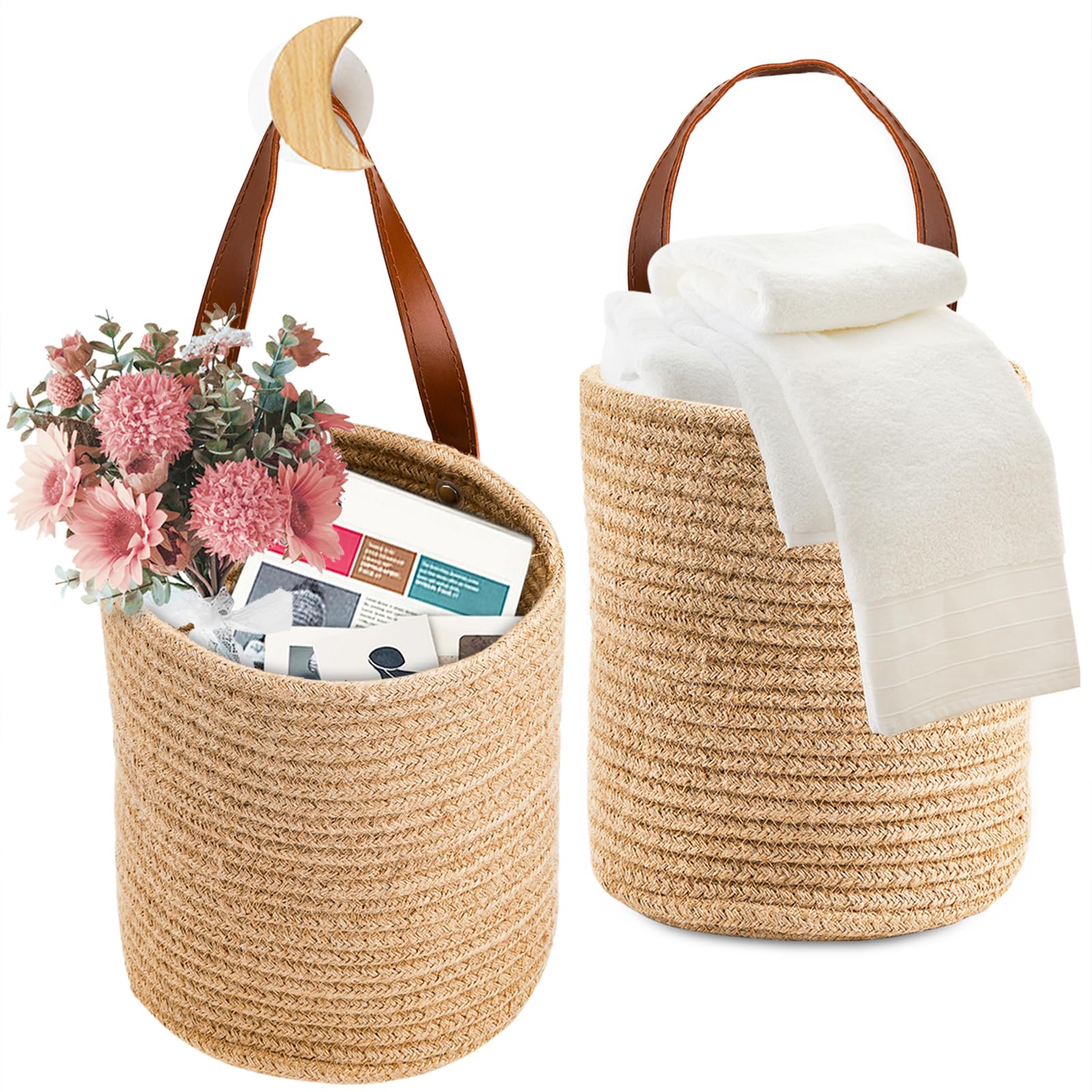 Youeon jute hanging baskets, pair for stylish wall storage and rustic decor.