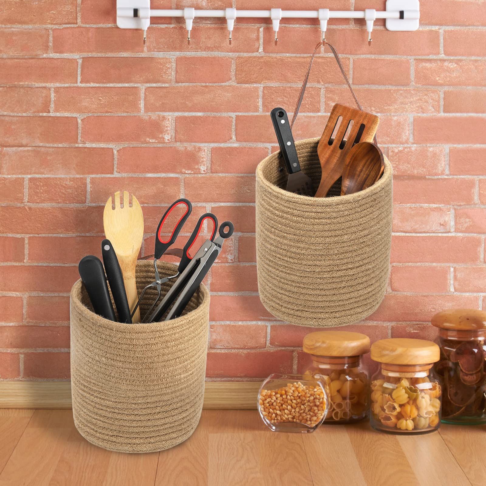 Youeon leather-handle hanging basket designed for wall mounting.