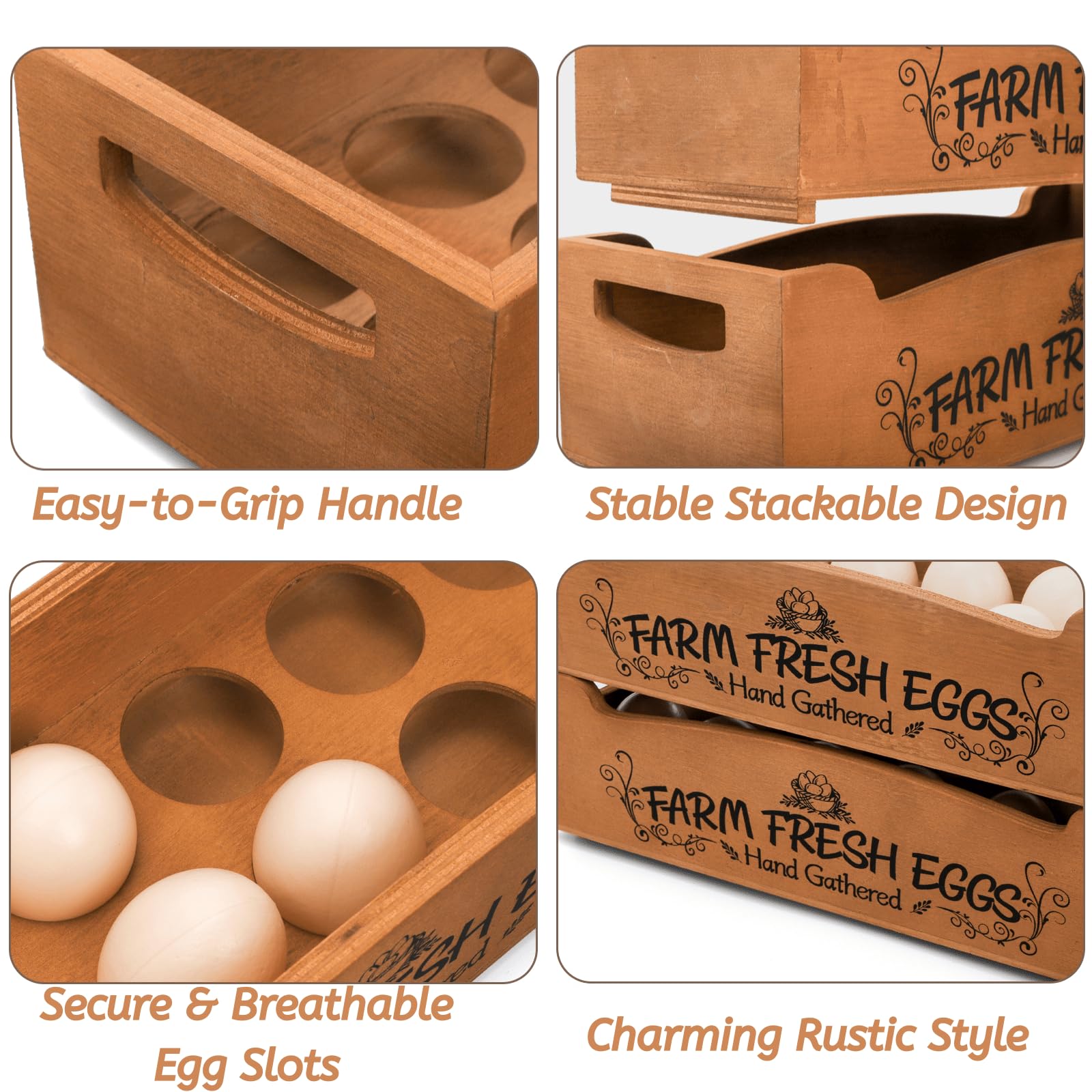 Youeon two-tier pinewood egg crates securely hold up to 24 eggs.
