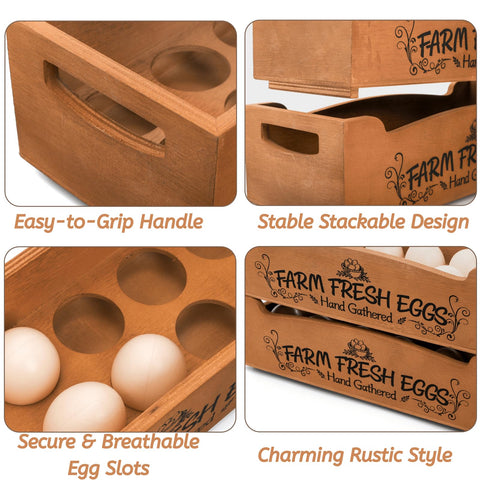 Youeon two-tier pinewood egg crates securely hold up to 24 eggs.