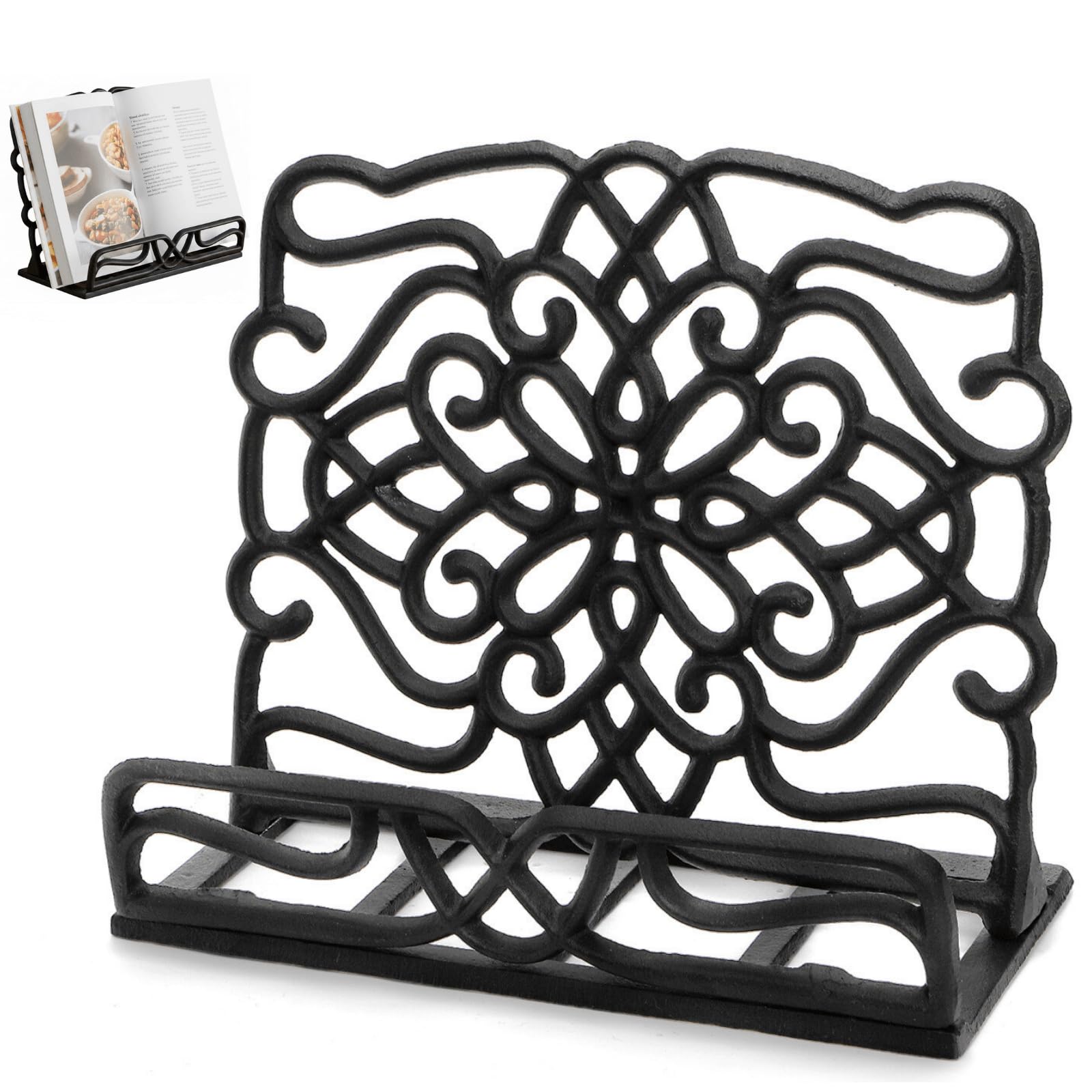 Youeon vintage cast iron cookbook stand with floral cutout design on the counter.