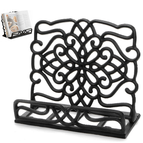 Youeon vintage cast iron cookbook stand with floral cutout design on the counter.