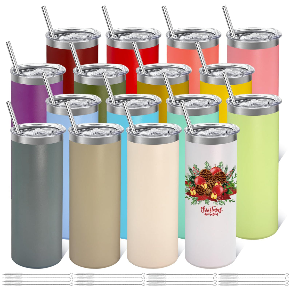 YOUKE OLA 16-pack stainless steel skinny tumblers with lids for easy on-the-go sipping.