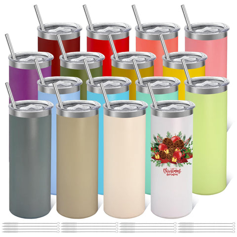 YOUKE OLA 16-pack stainless steel skinny tumblers with lids for easy on-the-go sipping.