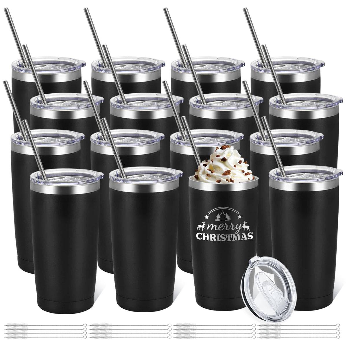 YOUKE OLA 16-pack black stainless steel tumblers with lids for daily use
