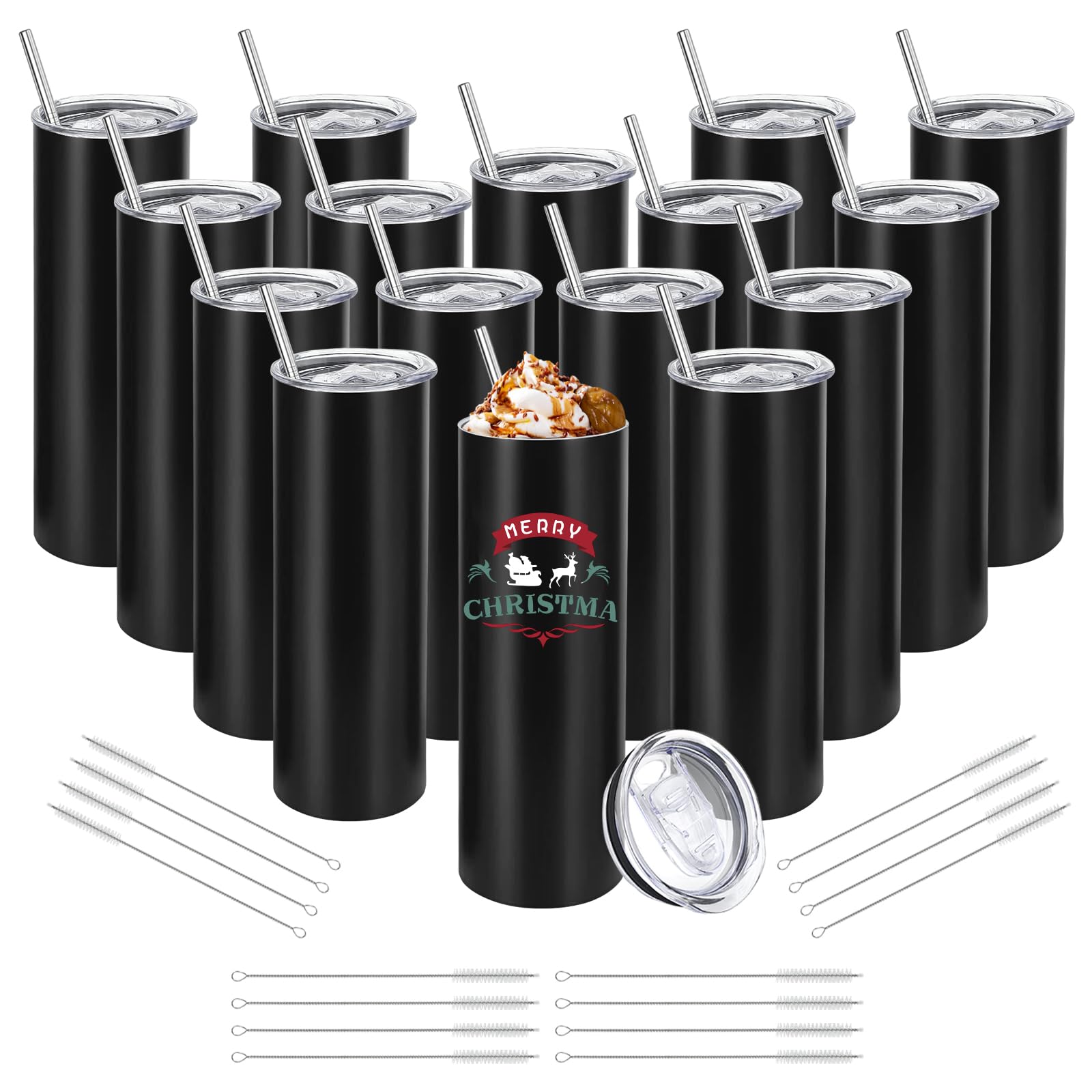 YOUKE OLA 16-pack stainless steel tumblers with black lids for durable daily use.