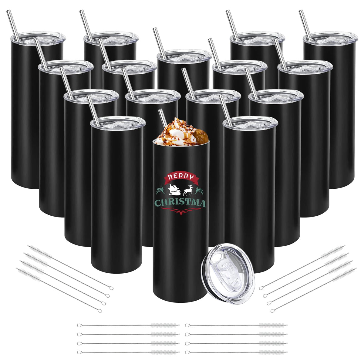 YOUKE OLA 16-pack stainless steel tumblers with black lids for durable daily use.