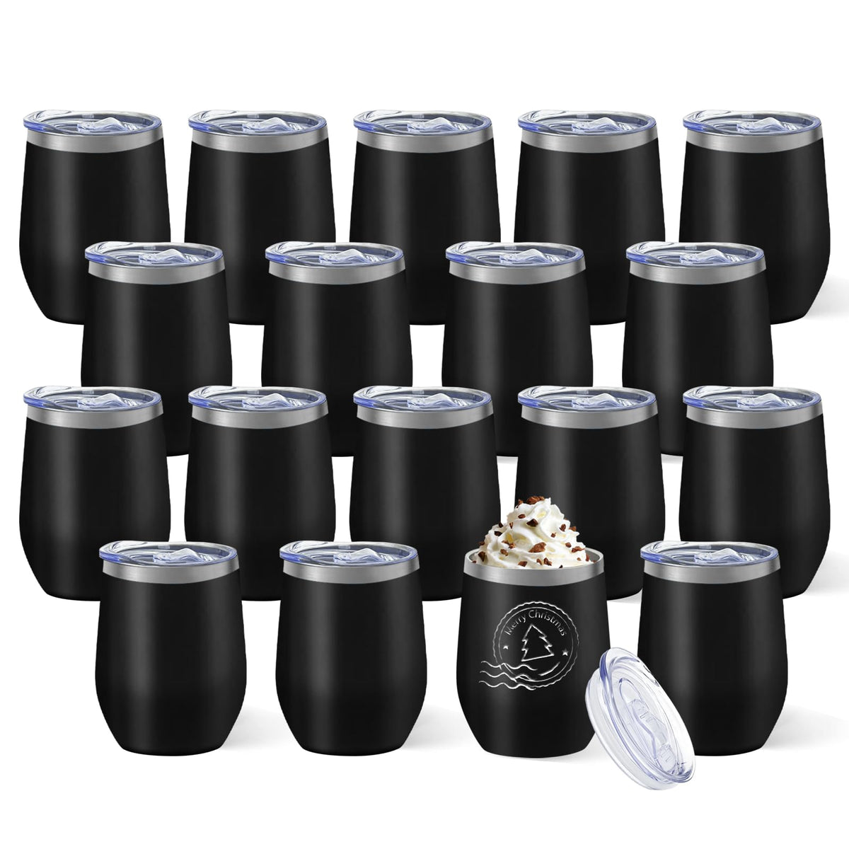 YOUKE OLA 18-pack stainless steel wine tumbler with lid front view highlights sleek black finish and portable design.