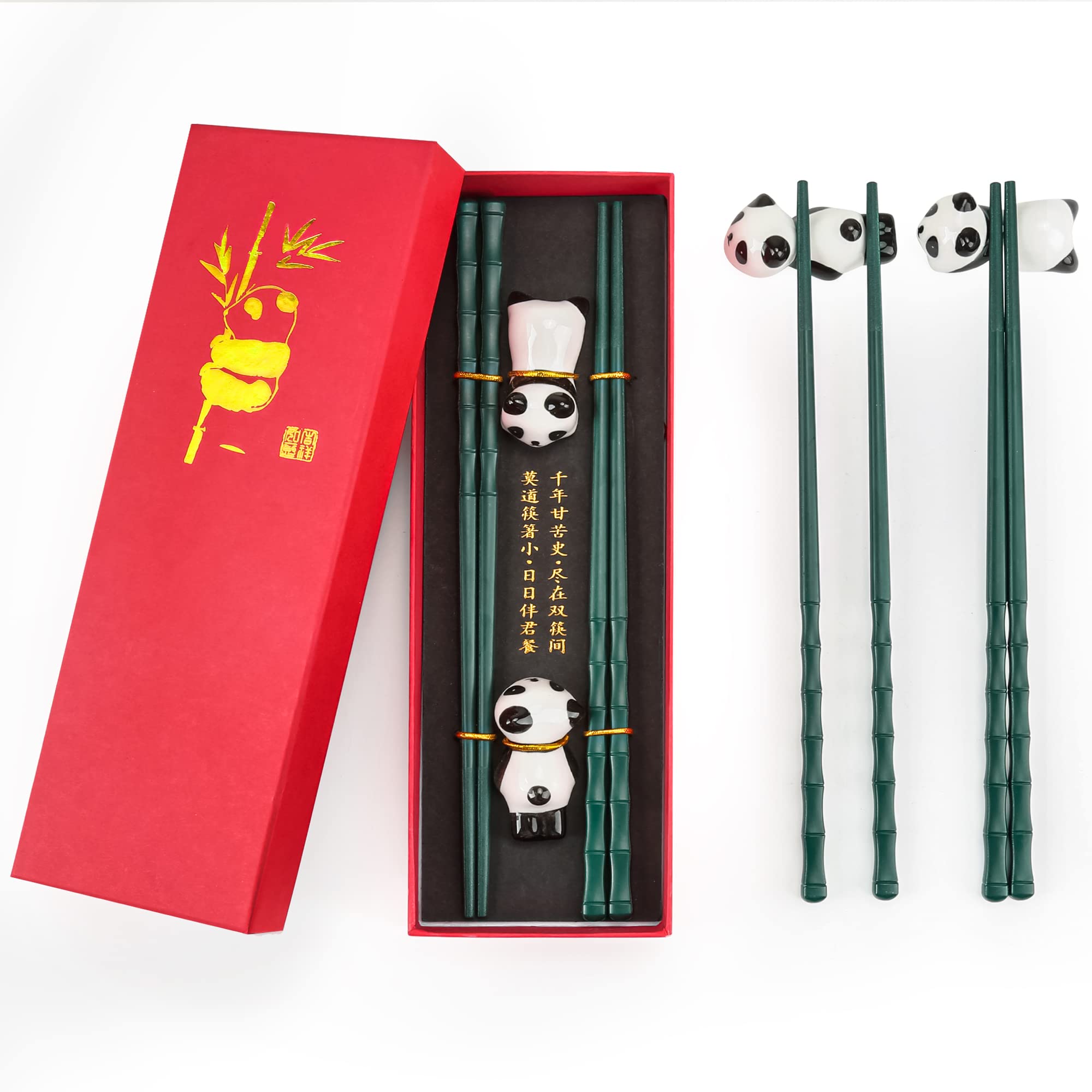 Young Dance Panda Chopsticks set in green gift box for easy gifting.