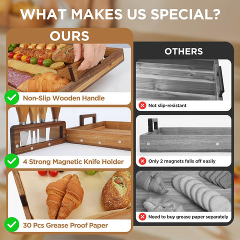 Young Speeds long serving tray supports multiple cheeses and meats for a crowd.