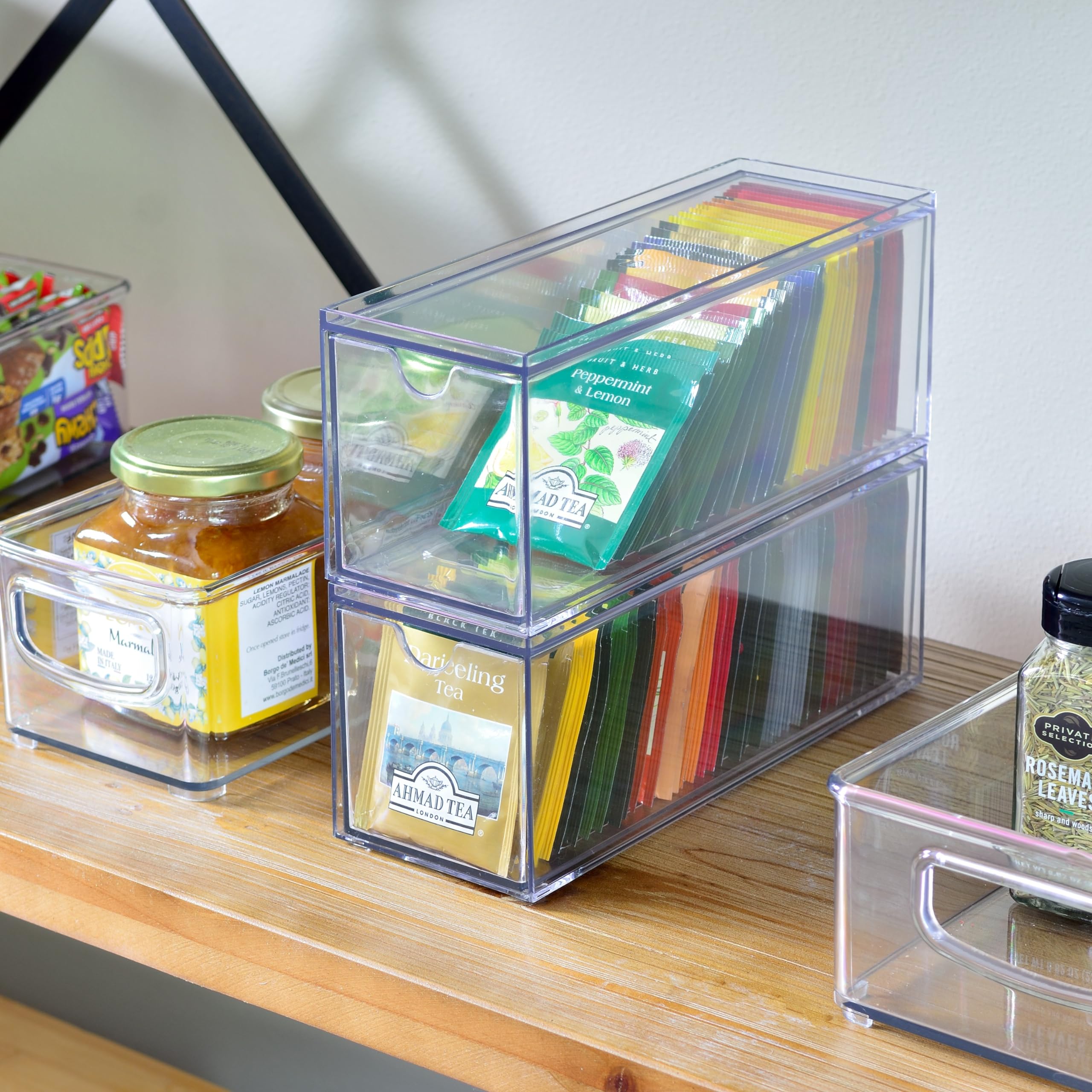 Youngever BPA-free tea packet containers on a shelf.