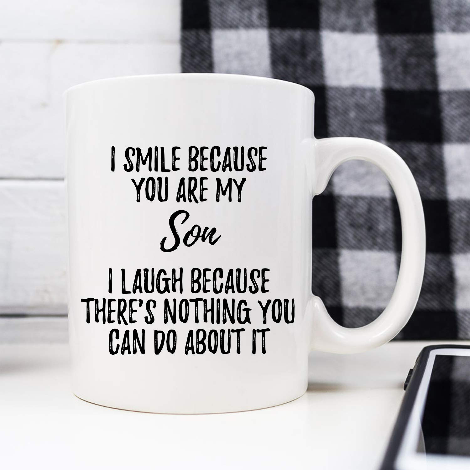 YouNique Designs Funny Dad to Son mug held, crisp print on ceramic