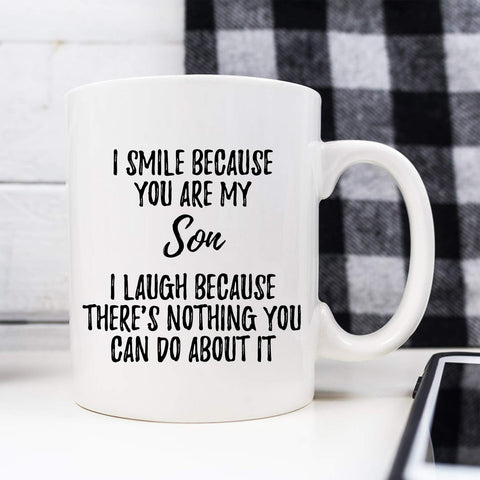 YouNique Designs Funny Dad to Son mug held, crisp print on ceramic