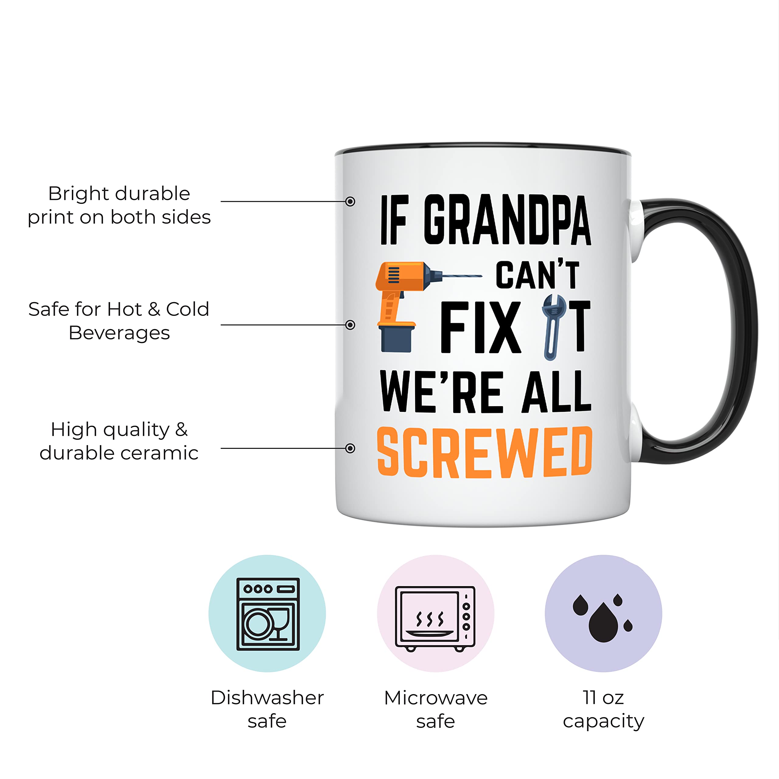 YouNique Designs grandpa cant fix it mug back view shows witty message for both hands.
