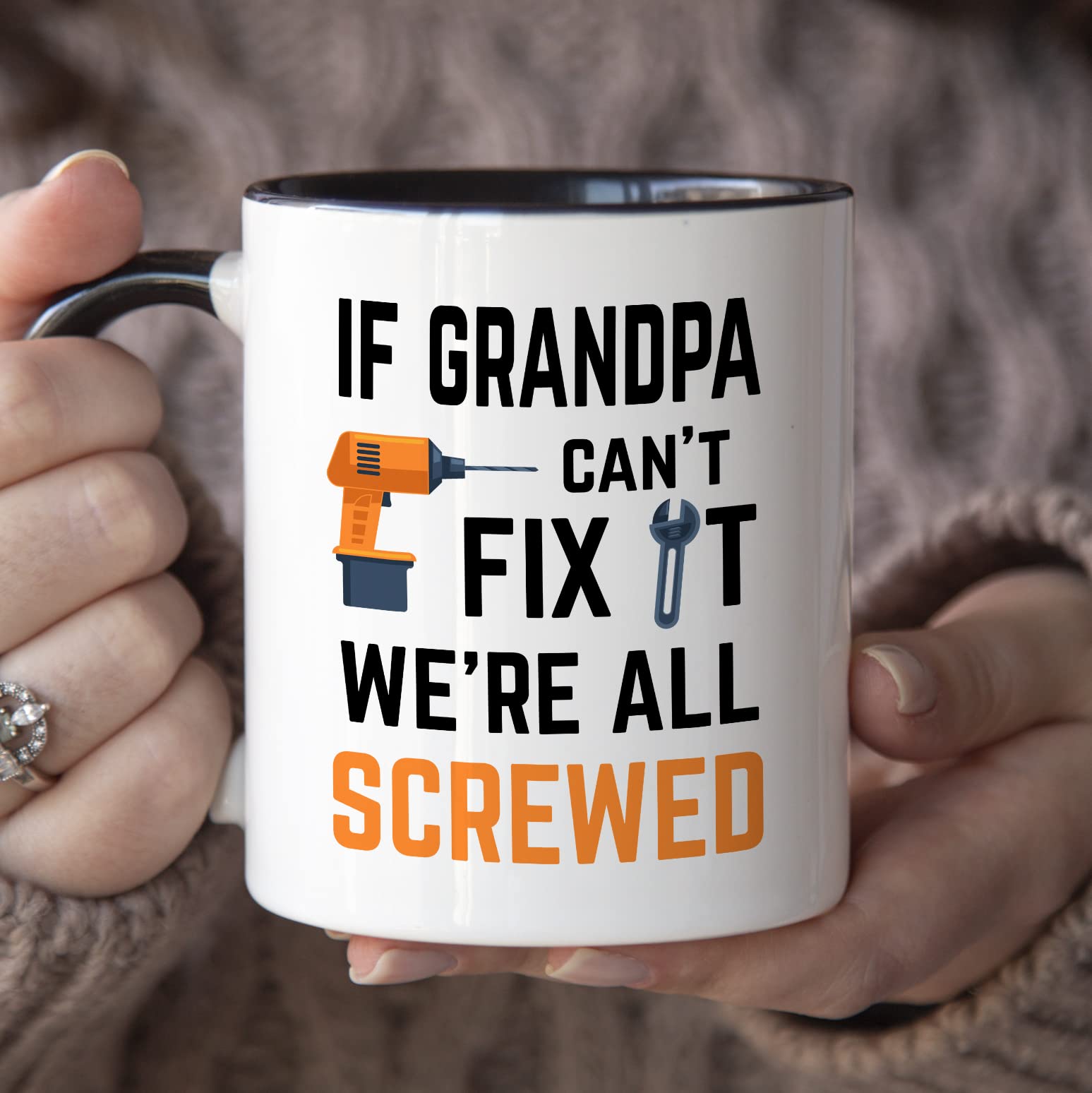 YouNique Designs grandpa cant fix it mug handle closeup features sturdy black handle for comfort.