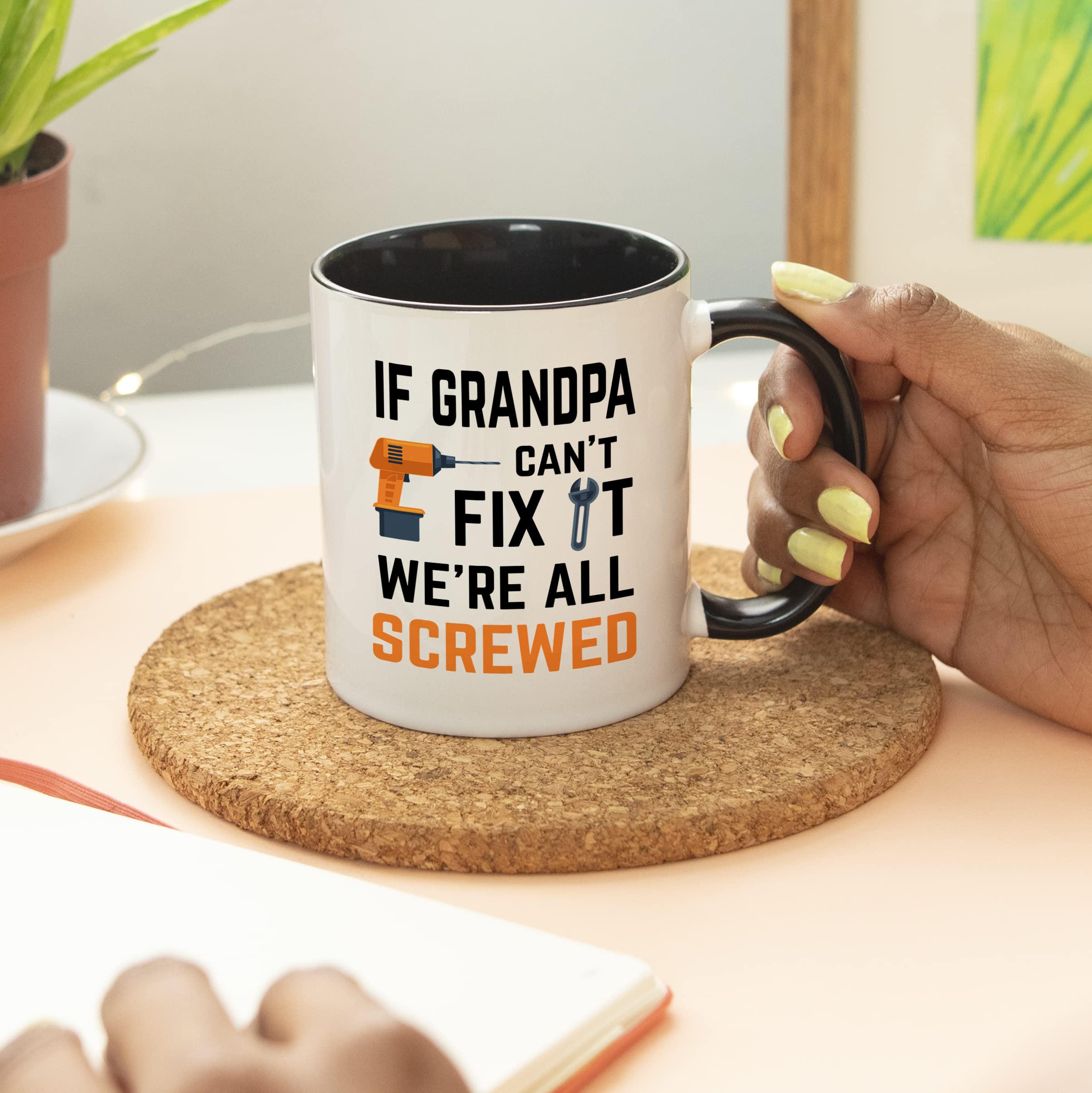 YouNique Designs grandpa cant fix it mug print detail displays vibrant colors on durable ceramic.