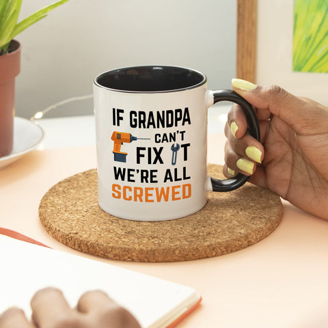 YouNique Designs grandpa cant fix it mug print detail displays vibrant colors on durable ceramic.